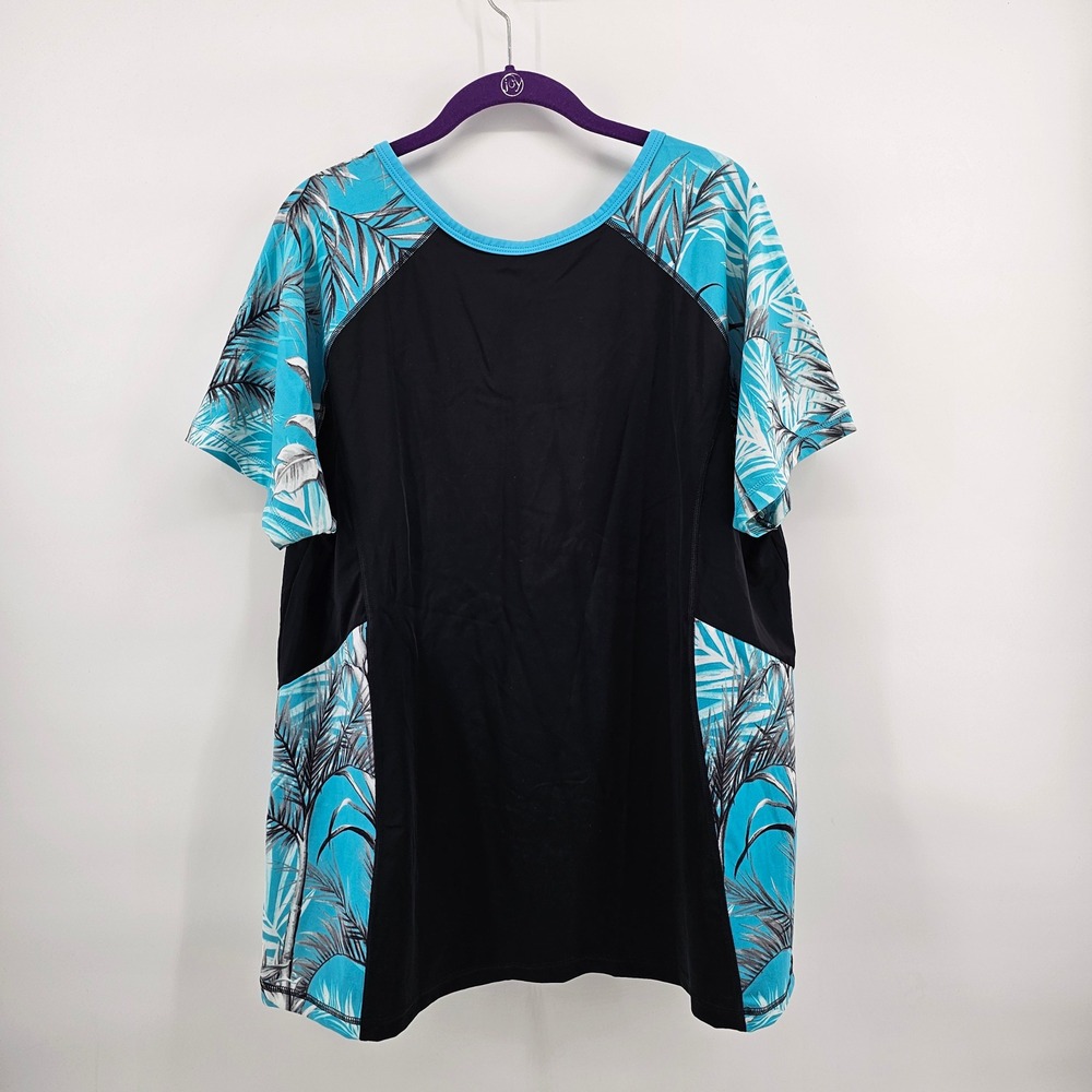 Swim by Cacique Rash Guard Women 26 Black Blue Tropical Palm Half Zip NWT